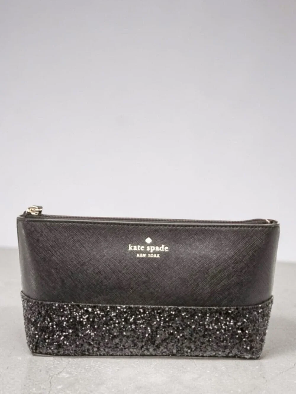 Kate Spade NWT Black Glitter Tote Bag & Matching Cosmetic Pouch Set